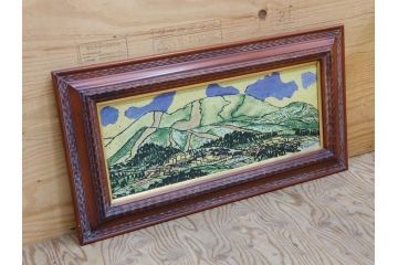 真作　超稀少　田崎広助(廣助)　「宝満山」　74.5cm×39.5cm　磁彩画(陶板画、陶額、額装)(R-075901)