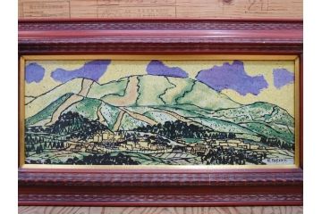 真作　超稀少　田崎広助(廣助)　「宝満山」　74.5cm×39.5cm　磁彩画(陶板画、陶額、額装)(R-075901)