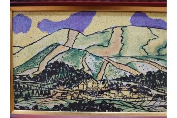 真作　超稀少　田崎広助(廣助)　「宝満山」　74.5cm×39.5cm　磁彩画(陶板画、陶額、額装)(R-075901)