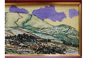 真作　超稀少　田崎広助(廣助)　「宝満山」　74.5cm×39.5cm　磁彩画(陶板画、陶額、額装)(R-075901)