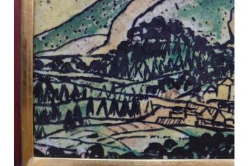 真作　超稀少　田崎広助(廣助)　「宝満山」　74.5cm×39.5cm　磁彩画(陶板画、陶額、額装)(R-075901)