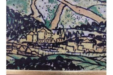 真作　超稀少　田崎広助(廣助)　「宝満山」　74.5cm×39.5cm　磁彩画(陶板画、陶額、額装)(R-075901)