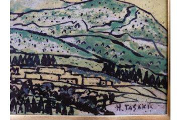 真作　超稀少　田崎広助(廣助)　「宝満山」　74.5cm×39.5cm　磁彩画(陶板画、陶額、額装)(R-075901)