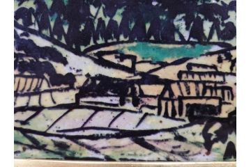 真作　超稀少　田崎広助(廣助)　「宝満山」　74.5cm×39.5cm　磁彩画(陶板画、陶額、額装)(R-075901)
