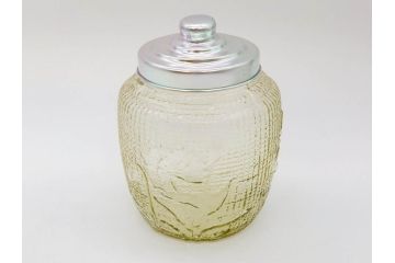 戦前　大正〜昭和初期　昭和レトロな雰囲気を醸し出す古いあめや瓶(菓子瓶、砂糖壷、キャンディーポット、ガラス瓶、ガラスビン、蓋(フタ)付き、ペロペロ、飴屋)(R-075904)