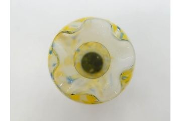 昭和レトロ　戦前　大正　鮮やかな黄色が空間のアクセントになる古いマーブルガラス花瓶(フリル、吹雪、色被せ、一輪挿し、花入、花器、硝子、吹きガラス)(R-075907)