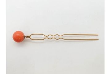珊瑚玉　K18 金　シンプルながらも上品な雰囲気溢れる簪(サンゴ、かんざし、玉簪、和装小物、髪飾り、アクセサリー)(R-075910)