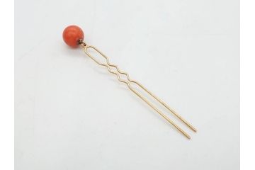 珊瑚玉　K18 金　シンプルながらも上品な雰囲気溢れる簪(サンゴ、かんざし、玉簪、和装小物、髪飾り、アクセサリー)(R-075910)