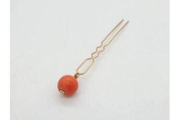珊瑚玉　K18 金　シンプルながらも上品な雰囲気溢れる簪(サンゴ、かんざし、玉簪、和装小物、髪飾り、アクセサリー)(R-075910)