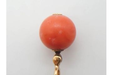 珊瑚玉　K18 金　シンプルながらも上品な雰囲気溢れる簪(サンゴ、かんざし、玉簪、和装小物、髪飾り、アクセサリー)(R-075910)