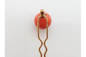 珊瑚玉　K18 金　シンプルながらも上品な雰囲気溢れる簪(サンゴ、かんざし、玉簪、和装小物、髪飾り、アクセサリー)(R-075910)
