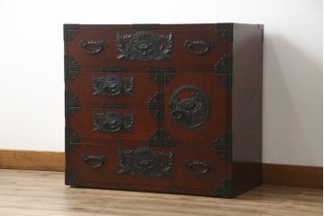 中古　美品　欅産業　漆塗り　仙台民芸箪笥(仙台箪笥)　KC-18　力強い杢目が目を引く中型車箪笥(小箪笥、収納タンス、チェスト、引き出し)(R-075931)