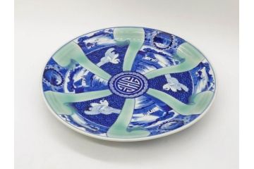 江戸〜明治　古伊万里　染付　約40cm　1尺3寸　迫力のある珍しい柄が目を惹く大皿(鳥、和皿、和食器、一尺三寸)(R-075956)
