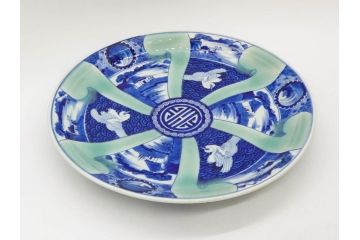 江戸〜明治　古伊万里　染付　約40cm　1尺3寸　迫力のある珍しい柄が目を惹く大皿(鳥、和皿、和食器、一尺三寸)(R-075956)