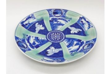江戸〜明治　古伊万里　染付　約40cm　1尺3寸　迫力のある珍しい柄が目を惹く大皿(鳥、和皿、和食器、一尺三寸)(R-075956)