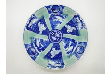 江戸〜明治　古伊万里　染付　約40cm　1尺3寸　迫力のある珍しい柄が目を惹く大皿(鳥、和皿、和食器、一尺三寸)(R-075956)