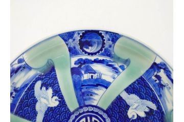 江戸〜明治　古伊万里　染付　約40cm　1尺3寸　迫力のある珍しい柄が目を惹く大皿(鳥、和皿、和食器、一尺三寸)(R-075956)