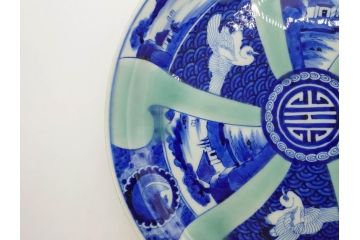 江戸〜明治　古伊万里　染付　約40cm　1尺3寸　迫力のある珍しい柄が目を惹く大皿(鳥、和皿、和食器、一尺三寸)(R-075956)