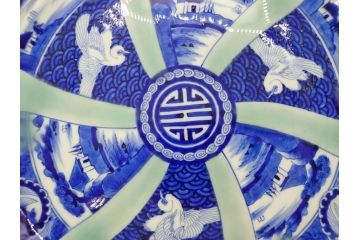 江戸〜明治　古伊万里　染付　約40cm　1尺3寸　迫力のある珍しい柄が目を惹く大皿(鳥、和皿、和食器、一尺三寸)(R-075956)