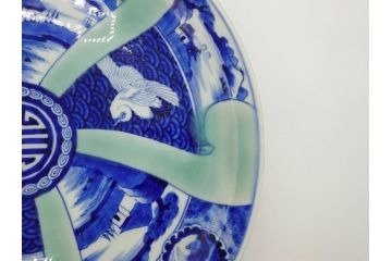 江戸〜明治　古伊万里　染付　約40cm　1尺3寸　迫力のある珍しい柄が目を惹く大皿(鳥、和皿、和食器、一尺三寸)(R-075956)