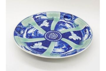 江戸〜明治　古伊万里　染付　約40cm　1尺3寸　迫力のある珍しい柄が目を惹く大皿(鳥、和皿、和食器、一尺三寸)(R-075957)