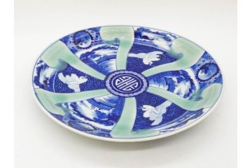 江戸〜明治　古伊万里　染付　約40cm　1尺3寸　迫力のある珍しい柄が目を惹く大皿(鳥、和皿、和食器、一尺三寸)(R-075957)