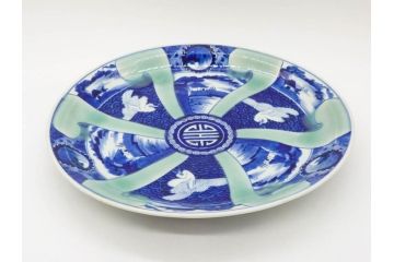 江戸〜明治　古伊万里　染付　約40cm　1尺3寸　迫力のある珍しい柄が目を惹く大皿(鳥、和皿、和食器、一尺三寸)(R-075957)