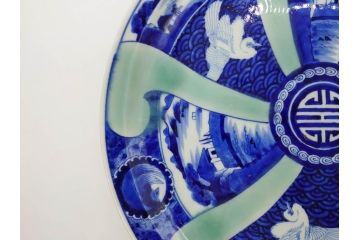 江戸〜明治　古伊万里　染付　約40cm　1尺3寸　迫力のある珍しい柄が目を惹く大皿(鳥、和皿、和食器、一尺三寸)(R-075957)