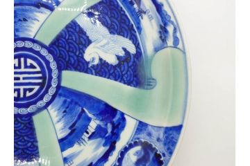 江戸〜明治　古伊万里　染付　約40cm　1尺3寸　迫力のある珍しい柄が目を惹く大皿(鳥、和皿、和食器、一尺三寸)(R-075957)