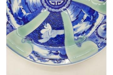 江戸〜明治　古伊万里　染付　約40cm　1尺3寸　迫力のある珍しい柄が目を惹く大皿(鳥、和皿、和食器、一尺三寸)(R-075957)