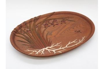 在銘　金城一国斎作　高盛絵　栗材　花に蜂図　職人による繊細な技法が素敵なお盆(作家物、漆芸、木製、楕円、オーバル、トレー、トレイ、伝統工芸品)(R-075959)