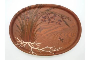 在銘　金城一国斎作　高盛絵　栗材　花に蜂図　職人による繊細な技法が素敵なお盆(作家物、漆芸、木製、楕円、オーバル、トレー、トレイ、伝統工芸品)(R-075959)