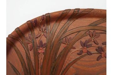 在銘　金城一国斎作　高盛絵　栗材　花に蜂図　職人による繊細な技法が素敵なお盆(作家物、漆芸、木製、楕円、オーバル、トレー、トレイ、伝統工芸品)(R-075959)