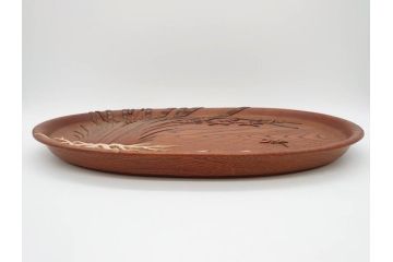 在銘　金城一国斎作　高盛絵　栗材　花に蜂図　職人による繊細な技法が素敵なお盆(作家物、漆芸、木製、楕円、オーバル、トレー、トレイ、伝統工芸品)(R-075959)