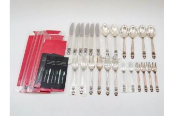 デンマーク　GEORG JENSEN(ジョージ・ジェンセン)　ACORN(エコーン)　STERLING SILVER(スターリングシルバー)　カトラリーセット(スプーン6本、ナイフ6本、フォーク12本、合計24本、銀製、SV925、食器、箱付き)(R-075963)