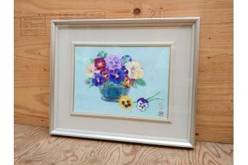 真作　三輪敦子　「三色すみれ」　F4号　日本画(花、共シール、絵画、額装)(R-075965)