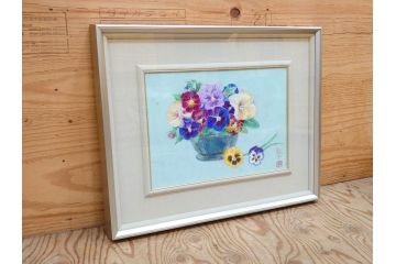 真作　三輪敦子　「三色すみれ」　F4号　日本画(花、共シール、絵画、額装)(R-075965)