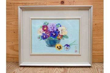 真作　三輪敦子　「三色すみれ」　F4号　日本画(花、共シール、絵画、額装)(R-075965)