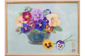 真作　三輪敦子　「三色すみれ」　F4号　日本画(花、共シール、絵画、額装)(R-075965)