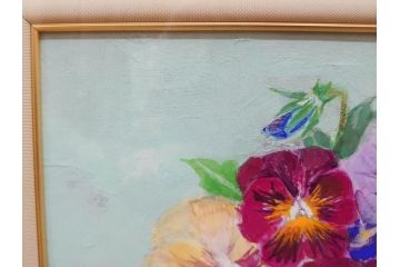 真作　三輪敦子　「三色すみれ」　F4号　日本画(花、共シール、絵画、額装)(R-075965)