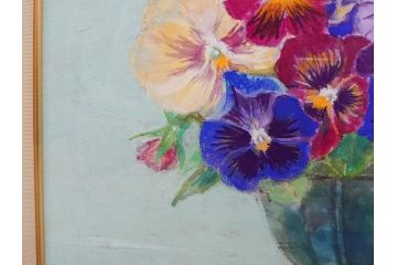 真作　三輪敦子　「三色すみれ」　F4号　日本画(花、共シール、絵画、額装)(R-075965)