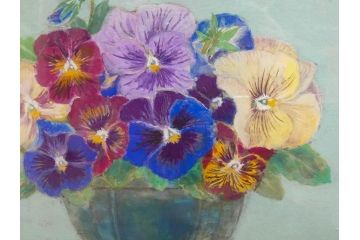 真作　三輪敦子　「三色すみれ」　F4号　日本画(花、共シール、絵画、額装)(R-075965)