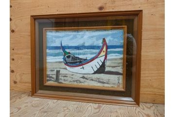 真作　岩壁冨士夫　「エスタレイジャーの海と船」　日本画(舟、共シール、絵画、額装)(R-075966)