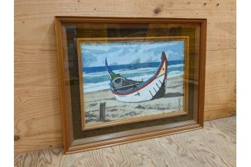真作　岩壁冨士夫　「エスタレイジャーの海と船」　日本画(舟、共シール、絵画、額装)(R-075966)