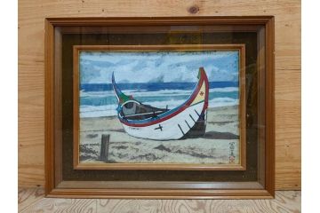 真作　岩壁冨士夫　「エスタレイジャーの海と船」　日本画(舟、共シール、絵画、額装)(R-075966)