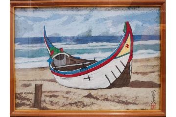 真作　岩壁冨士夫　「エスタレイジャーの海と船」　日本画(舟、共シール、絵画、額装)(R-075966)