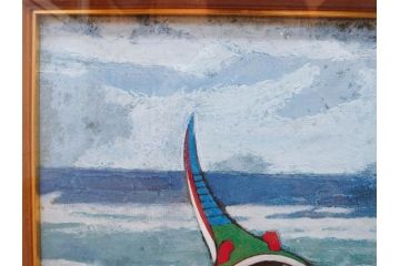 真作　岩壁冨士夫　「エスタレイジャーの海と船」　日本画(舟、共シール、絵画、額装)(R-075966)