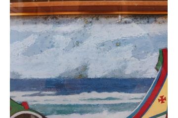 真作　岩壁冨士夫　「エスタレイジャーの海と船」　日本画(舟、共シール、絵画、額装)(R-075966)