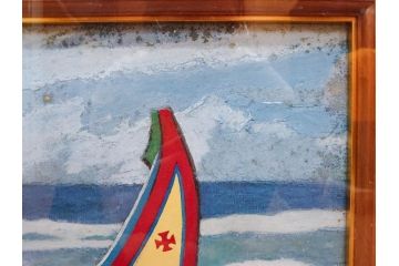 真作　岩壁冨士夫　「エスタレイジャーの海と船」　日本画(舟、共シール、絵画、額装)(R-075966)