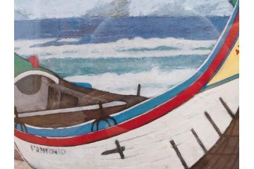 真作　岩壁冨士夫　「エスタレイジャーの海と船」　日本画(舟、共シール、絵画、額装)(R-075966)
